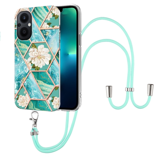 

For OnePlus Nord N20 5G Splicing Marble Flower Pattern TPU Phone Case with Lanyard(Blue Flower)