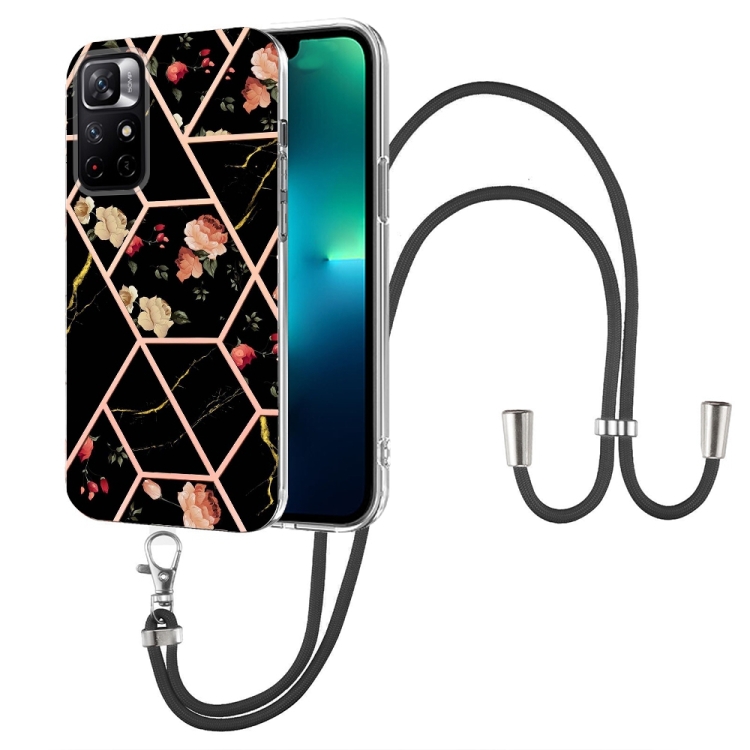 

For Xiaomi Redmi Note 11 5G Chinese Splicing Marble Flower Pattern TPU Phone Case with Lanyard(Black Flower)