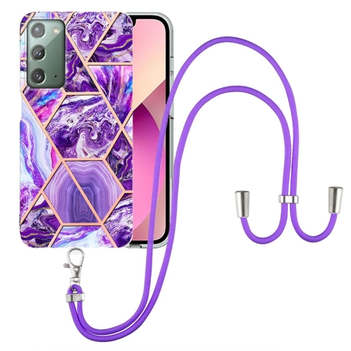 

For Samsung Galaxy Note20 Electroplating Splicing Marble TPU Phone Case with Lanyard(Dark Purple)