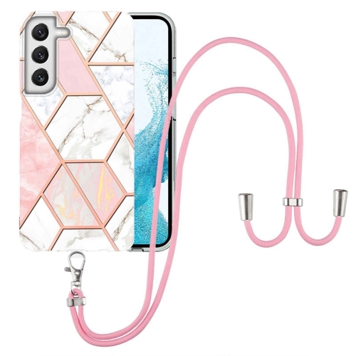 

For Samsung Galaxy S22+ 5G Electroplating Splicing Marble TPU Phone Case with Lanyard(Pink White)