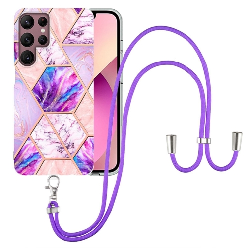 

For Samsung Galaxy S22 Ultra 5G Electroplating Splicing Marble TPU Phone Case with Lanyard(Light Purple)