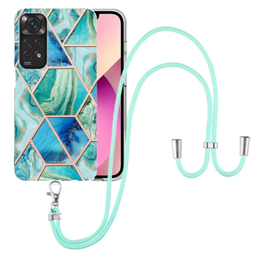 

For Xiaomi Redmi Note 11S/Note 11 4G Foreign Electroplating Splicing Marble TPU Phone Case with Lanyard(Green)