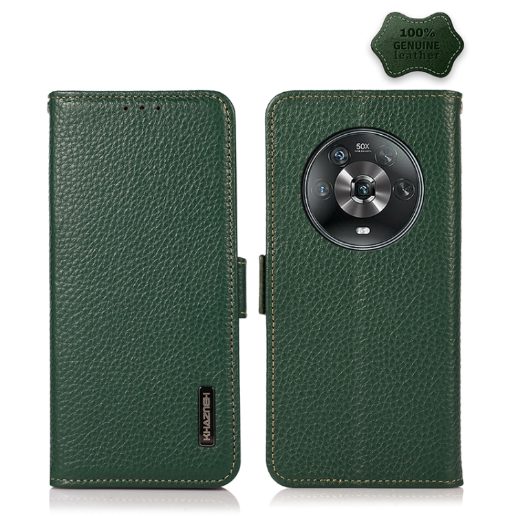 

For Honor Magic 4 KHAZNEH Side-Magnetic Litchi Genuine Leather RFID Phone Case(Green)