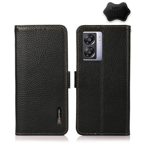 

For OPPO A57 5G 2022 / Realme Q5i China KHAZNEH Side-Magnetic Litchi Genuine Leather RFID Phone Case(Black)