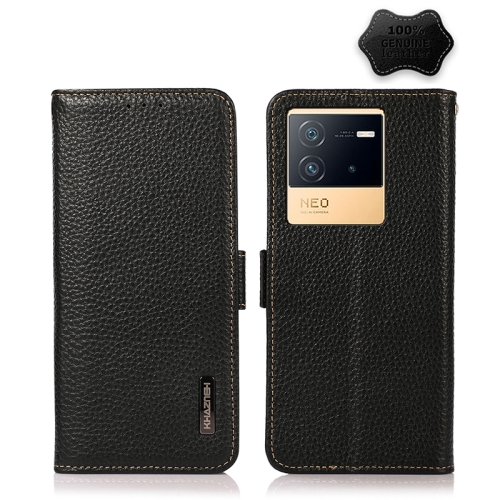 

For vivo iQOO Neo6 KHAZNEH Side-Magnetic Litchi Genuine Leather RFID Phone Case(Black)
