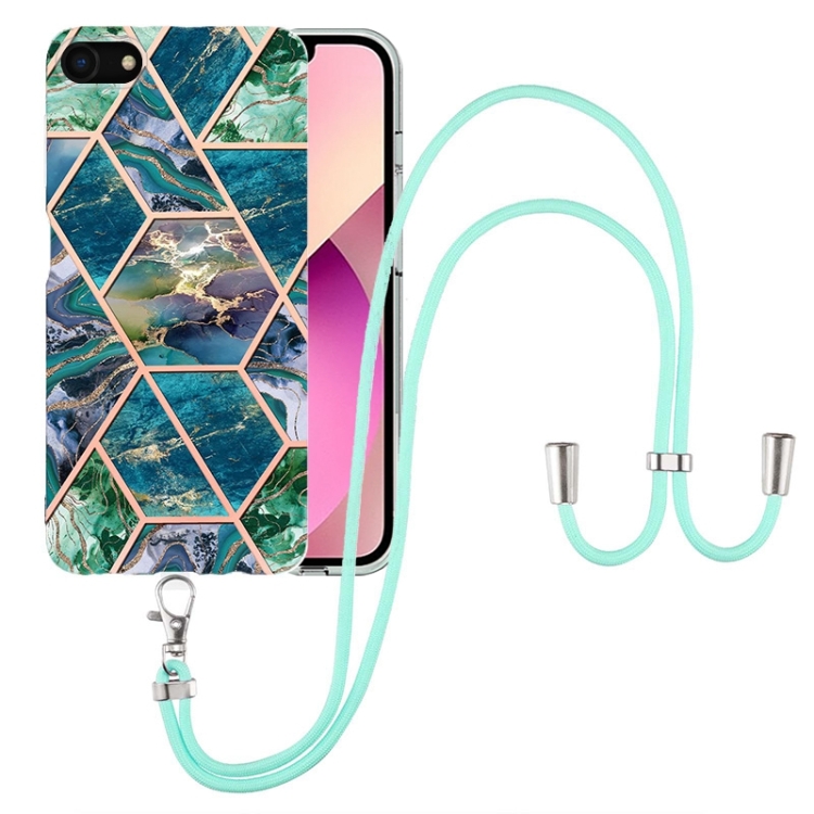 

Electroplating Splicing Marble TPU Phone Case with Lanyard For iPhone SE 2022 / SE 2020 / 8 / 7(Blue Green)
