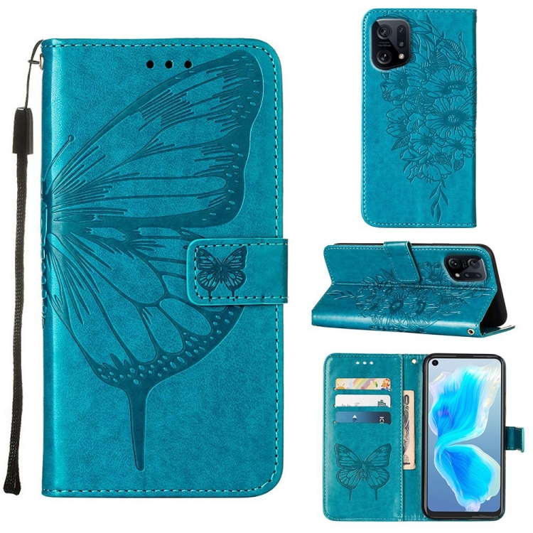 

For OPPO Find X5 Embossed Butterfly Leather Phone Case(Blue)