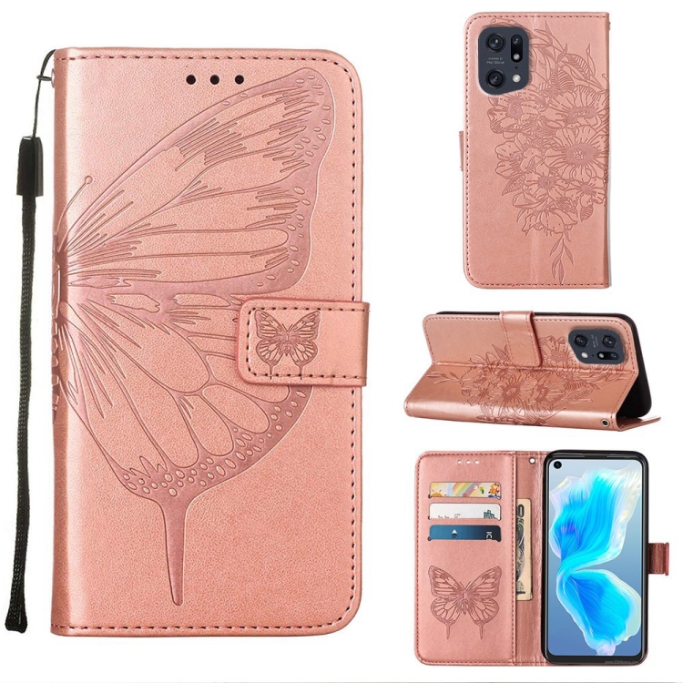 

For OPPO Find X5 Pro Embossed Butterfly Leather Phone Case(Rose Gold)