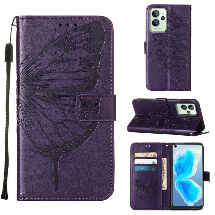 

For OPPO Realme GT2 Pro Embossed Butterfly Leather Phone Case(Dark Purple)