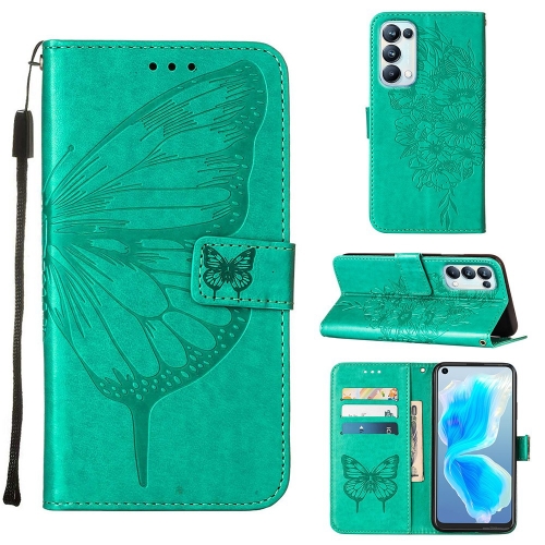 

For OPPO Reno5 Pro 5G Embossed Butterfly Leather Phone Case(Green)