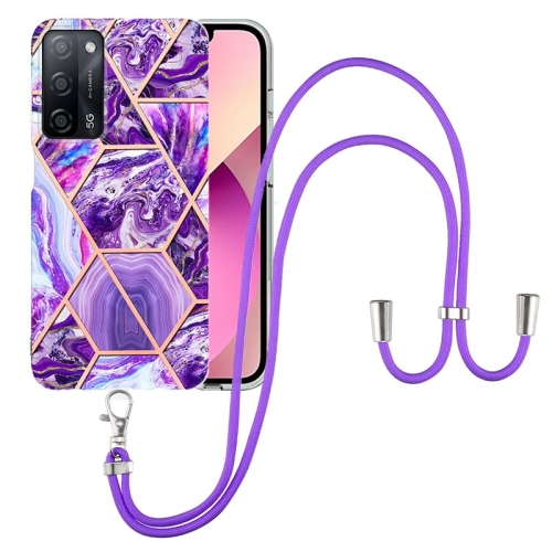 

For OPPO A53s 5G / A55 5G / A54 4G / A16 Electroplating Splicing Marble TPU Phone Case with Lanyard(Dark Purple)