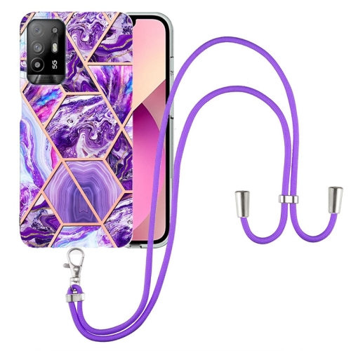 

For OPPO A94 5G / A95 5G Electroplating Splicing Marble TPU Phone Case with Lanyard(Dark Purple)