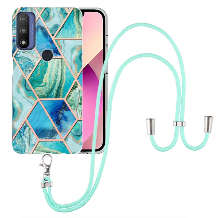 

For Motorola Moto G Pure Electroplating Splicing Marble TPU Phone Case with Lanyard(Green)