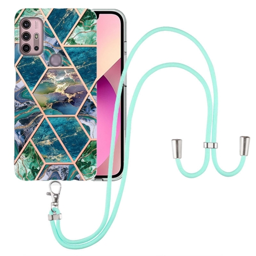 

For Motorola Moto G30 / G20 / G10 / G10 Power Electroplating Splicing Marble TPU Phone Case with Lanyard(Blue Green)