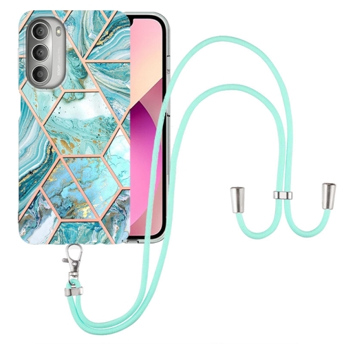 

For Motorola Moto G51 5G Electroplating Splicing Marble TPU Phone Case with Lanyard(Blue)