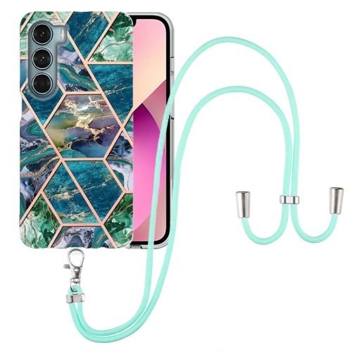 

For Motorola Moto G200 Electroplating Splicing Marble TPU Phone Case with Lanyard(Blue Green)