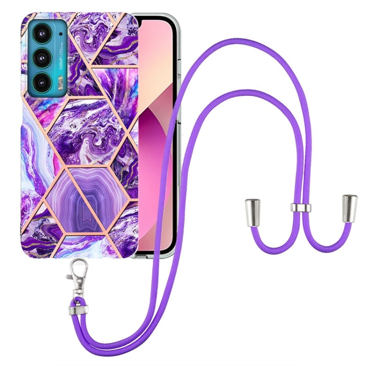 

For Motorola Edge 20 Electroplating Splicing Marble TPU Phone Case with Lanyard(Dark Purple)