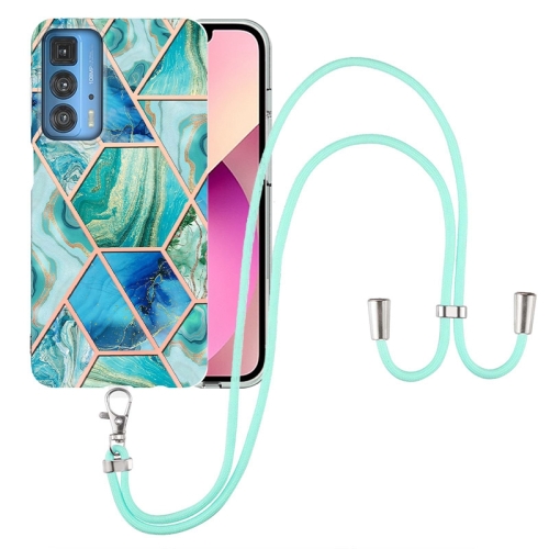 

For Motorola Edge 20 Pro Electroplating Splicing Marble TPU Phone Case with Lanyard(Green)