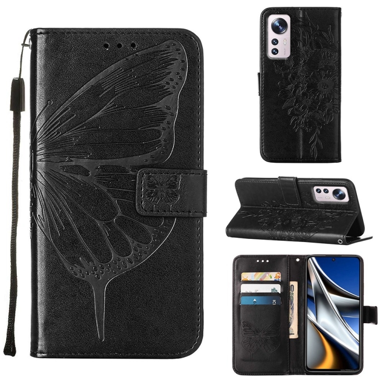 

For Xiaomi 12 Pro Embossed Butterfly Leather Phone Case(Black)