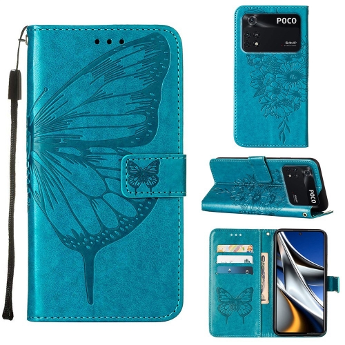 

For Xiaomi Poco M4 Pro 4G Embossed Butterfly Leather Phone Case(Blue)
