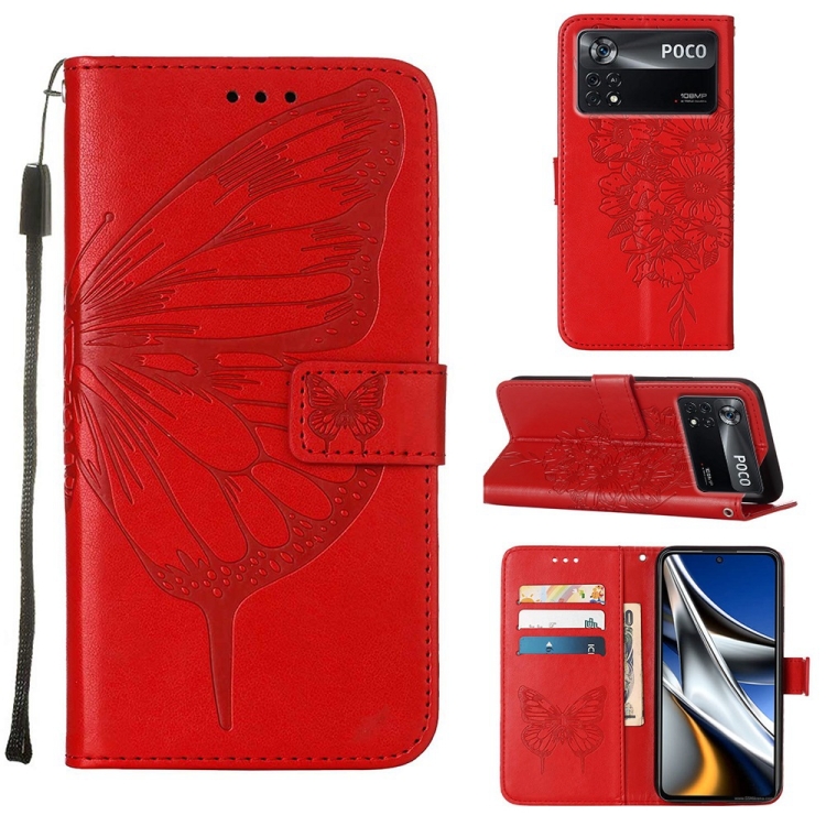 

For Xiaomi Poco X4 Pro 5G Embossed Butterfly Leather Phone Case(Red)