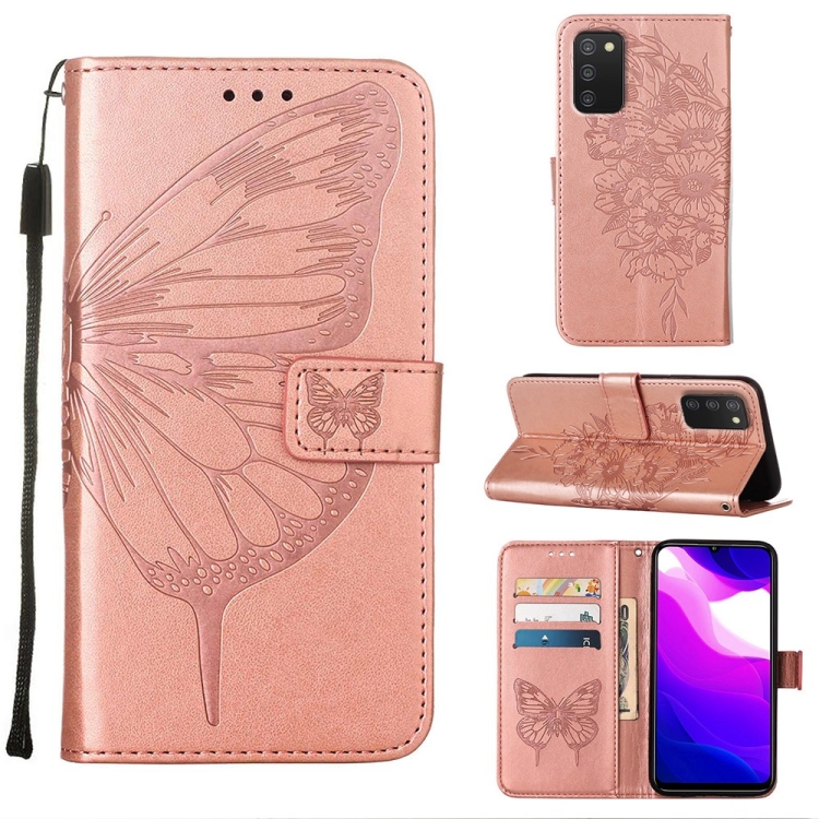 

For Samsung Galaxy A03s 165.8mm Embossed Butterfly Leather Phone Case(Rose Gold)