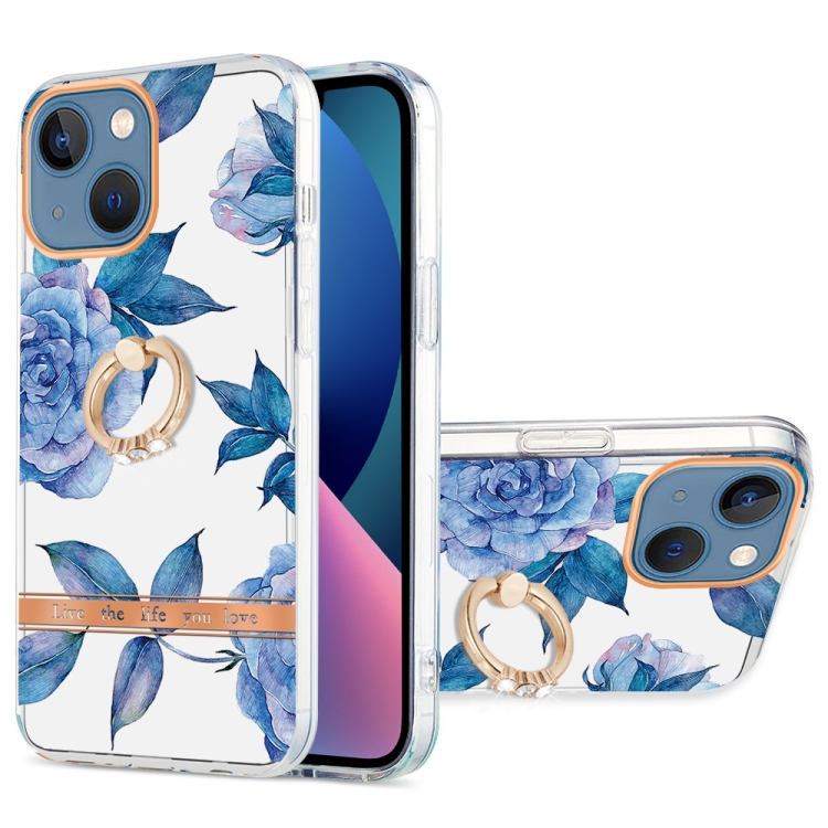 

For iPhone 13 mini Ring IMD Flowers TPU Phone Case (Blue Peony)
