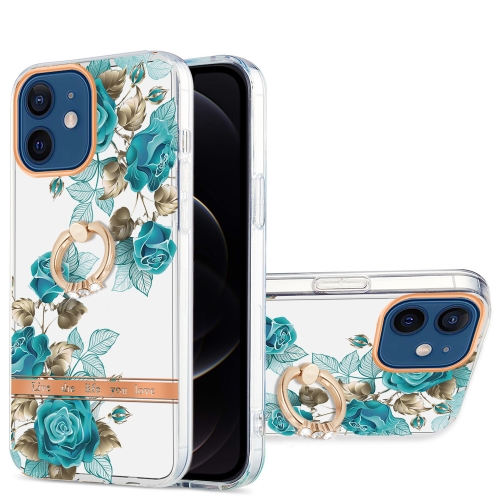 

For iPhone 12 / 12 Pro Ring IMD Flowers TPU Phone Case(Blue Rose)