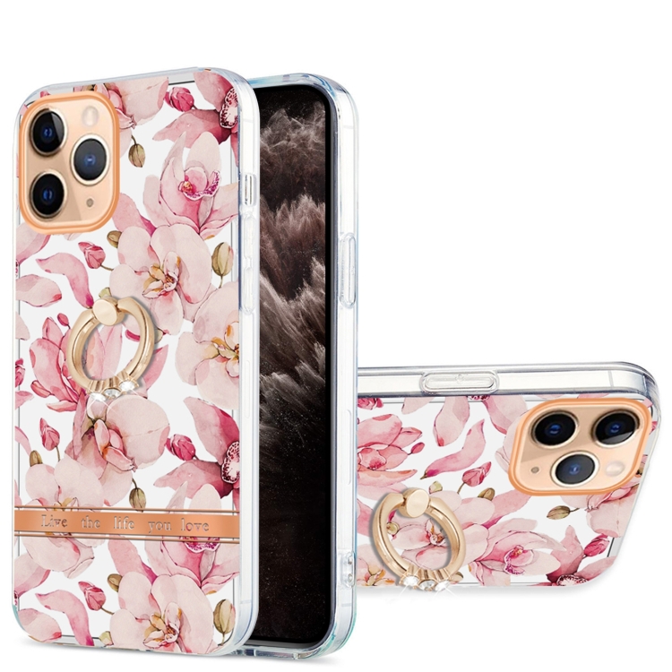 

For iPhone 11 Pro Max Ring IMD Flowers TPU Phone Case (Pink Gardenia)