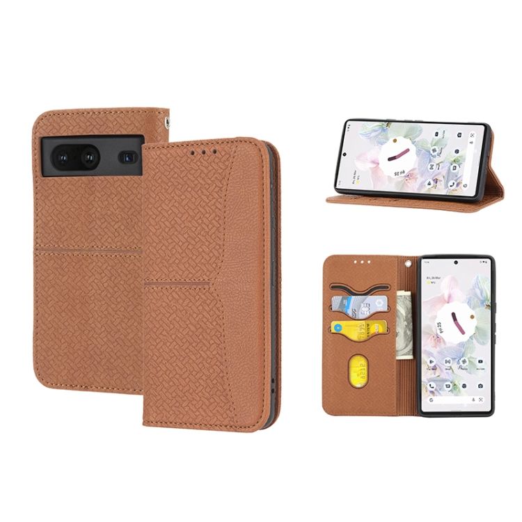 

For Google Pixel 7 Woven Texture Stitching Magnetic PU Leather Phone Case(Brown)