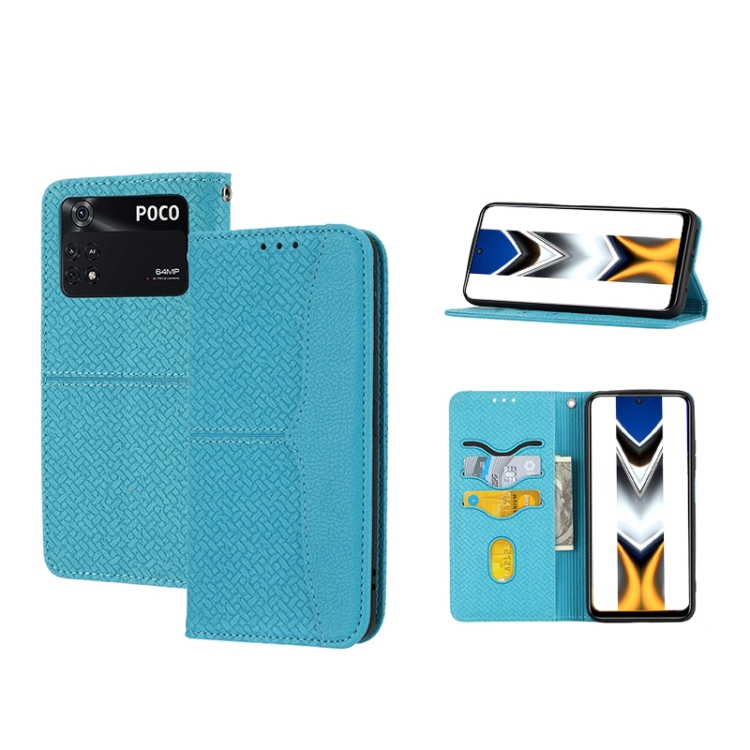

For Xiaomi Poco M4 Pro Woven Texture Stitching Magnetic PU Leather Phone Case(Blue)