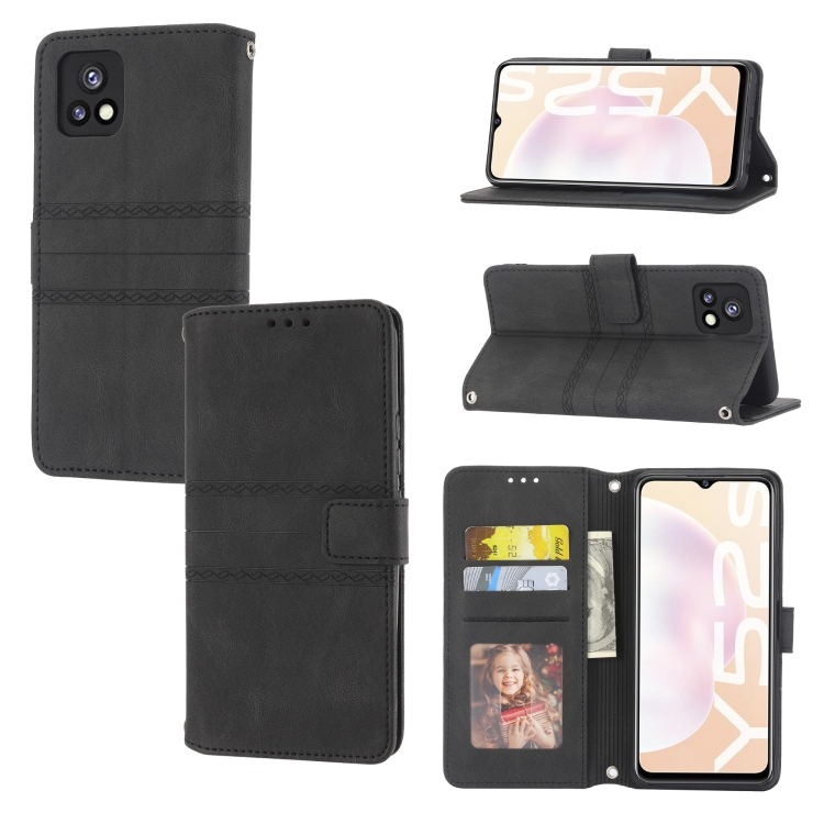 

For vivo Y52s Embossed Striped Magnetic Buckle Horizontal Flip Phone Leather Case(Black)