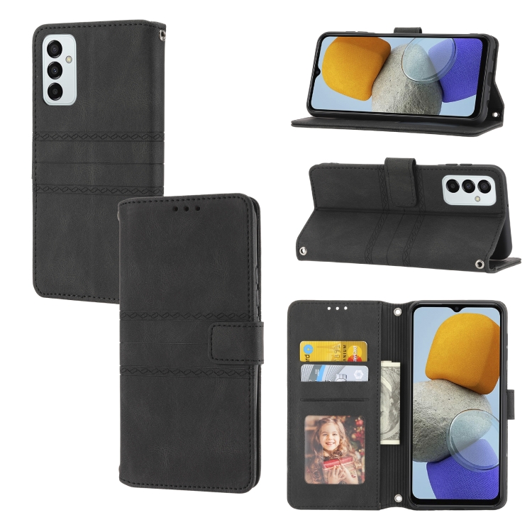 

For Samsung Galaxy M23 / F23 5G Japanese Version Embossed Striped Magnetic Buckle Horizontal Flip Phone Leather Case(Black)