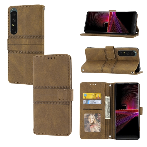 

For Sony Xperia 1 IV Embossed Striped Magnetic Buckle Horizontal Flip Phone Leather Case(Brown)
