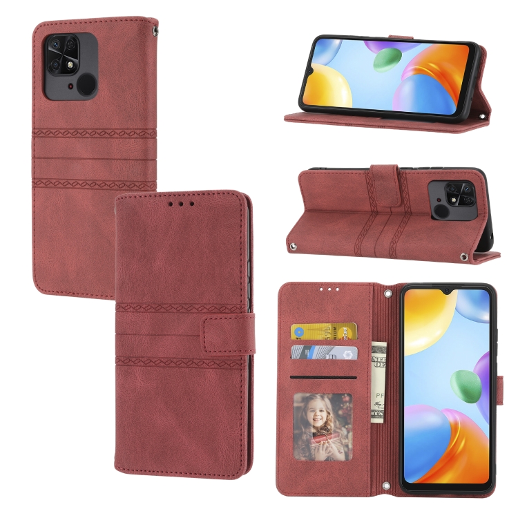 

For Xiaomi Redmi 10C 4G Global Embossed Striped Magnetic Buckle Horizontal Flip Phone Leather Case(Red)