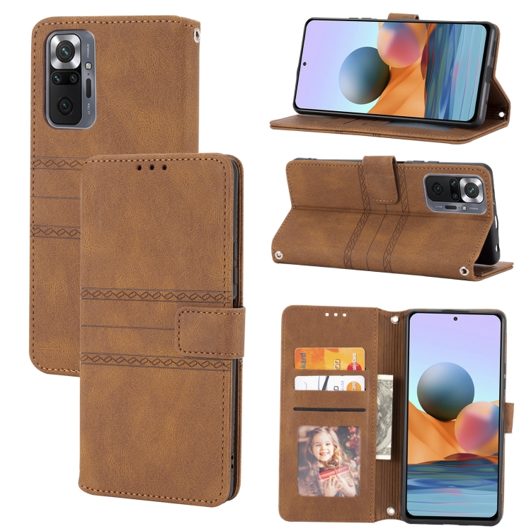 

For Xiaomi Redmi 10 5G Embossed Striped Magnetic Buckle Horizontal Flip Phone Leather Case(Brown)