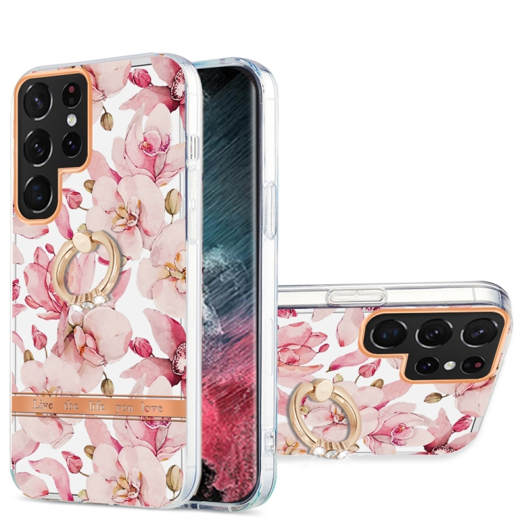 

For Samsung Galaxy S22 Ultra 5G Ring IMD Flowers TPU Phone Case(Pink Gardenia)