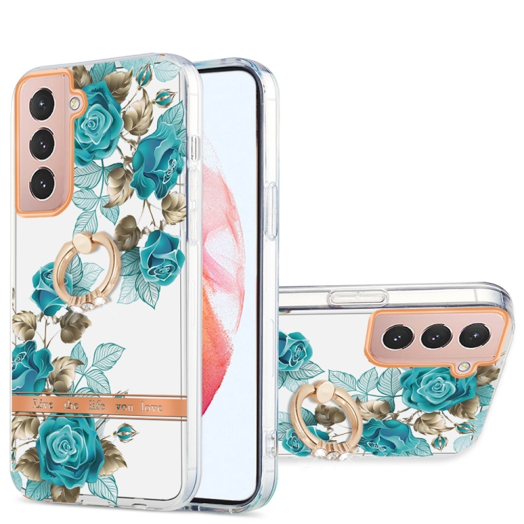 

For Samsung Galaxy S21 5G Ring IMD Flowers TPU Phone Case(Blue Rose)