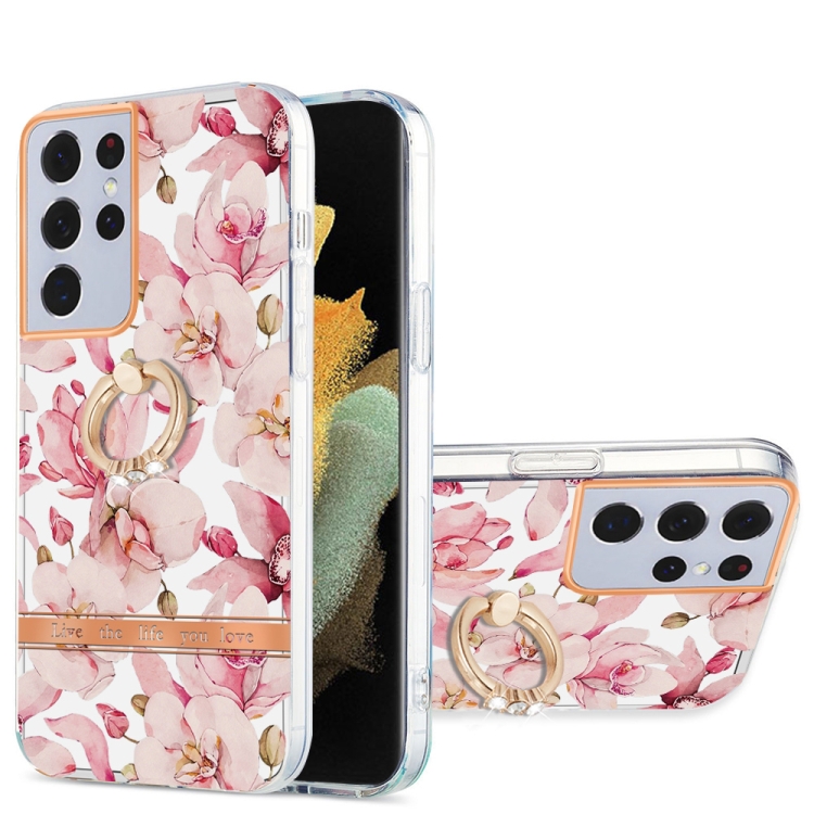 

For Samsung Galaxy S21 Ultra 5G Ring IMD Flowers TPU Phone Case(Pink Gardenia)