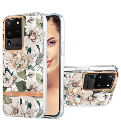 

For Samsung Galaxy S20 Ultra Ring IMD Flowers TPU Phone Case(Green Gardenia)