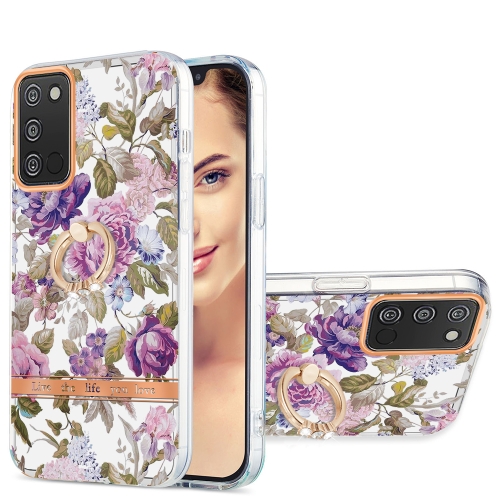 

For Samsung Galaxy A03s 166mm Ring IMD Flowers TPU Phone Case(Purple Peony)