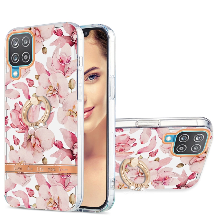 

For Samsung Galaxy A12 Ring IMD Flowers TPU Phone Case(Pink Gardenia)