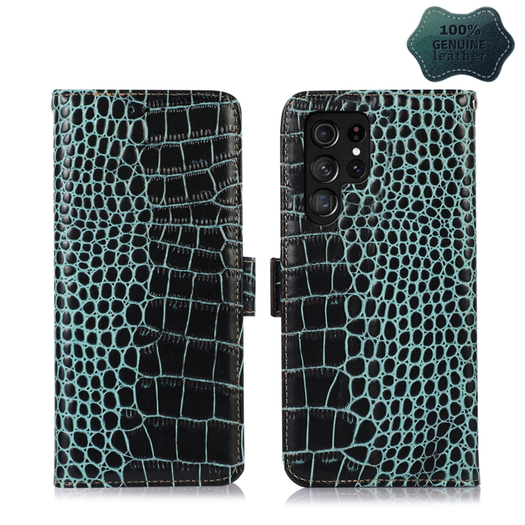 

For Samsung Galaxy S22 Ultra 5G Crocodile Top Layer Cowhide Leather Phone Case(Green)