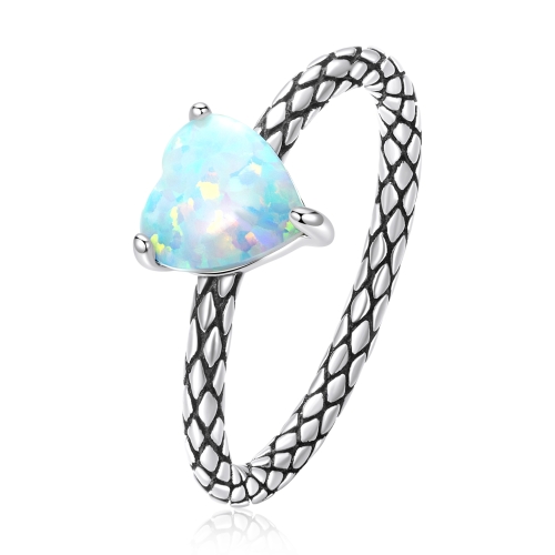 

S925 Sterling Silver Heart Opal Snake Pattern Women Ring, Size:8