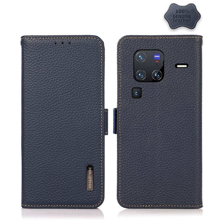 

For vivo X80 Pro KHAZNEH Side-Magnetic Litchi Genuine Leather RFID Phone Case(Blue)