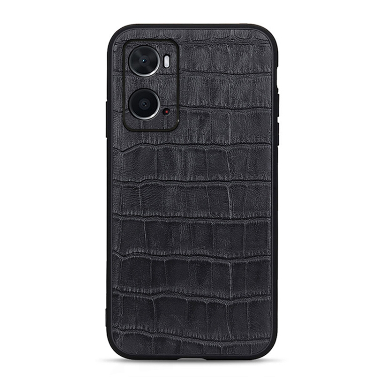 

For OPPO A76 Accurate Hole Crocodile Texture Genuine Leather Phone Case(Black)