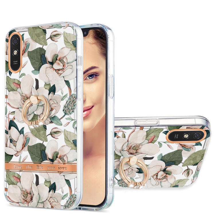 

For Xiaomi Redmi 9A Ring IMD Flowers TPU Phone Case(Green Gardenia)