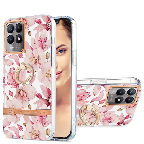 

For OPPO Realme 8i Ring IMD Flowers TPU Phone Case(Pink Gardenia)