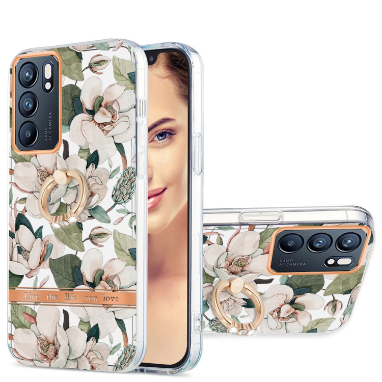 

For OPPO Reno6 5G Ring IMD Flowers TPU Phone Case(Green Gardenia)