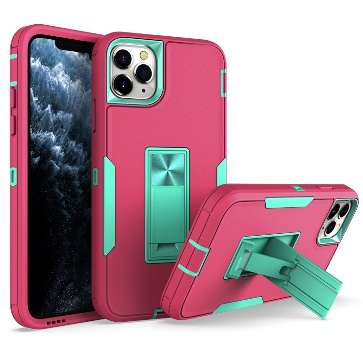 

For iPhone 13 Pro Magnetic Holder Phone Case (Rose Red + Blue-green)